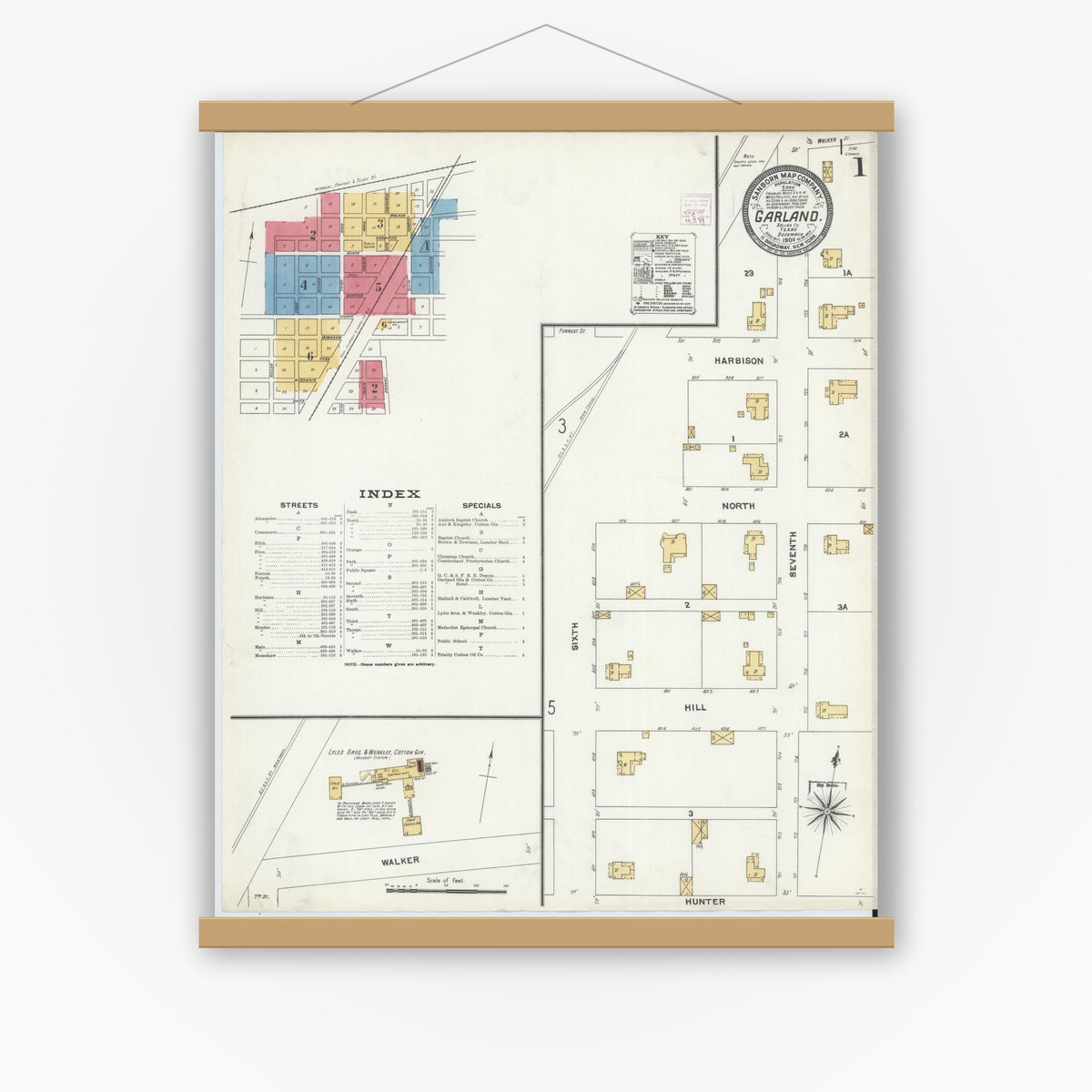 Old map wall art mockup — magnetic wood frame on white wall — Sanborn Fire Insurance Map from Garland, Dallas County, Texas (1906), Sheet #0001