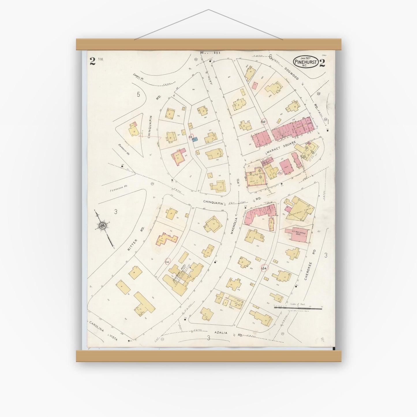 Old map wall art mockup — magnetic wood frame on white wall — Sanborn Fire Insurance Map from Pinehurst, Moore County, North Carolina (1939), Sheet #0002