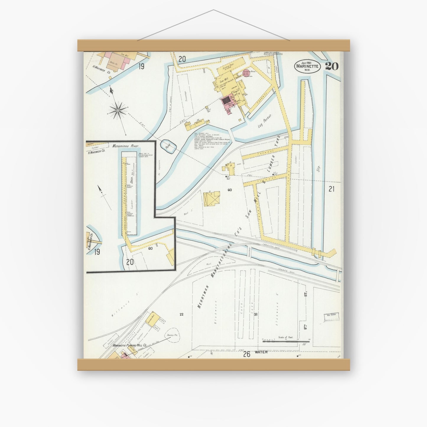 Old map wall art mockup — magnetic wood frame on white wall — Sanborn Fire Insurance Map from Marinette, Marinette County, Wisconsin (1901), Sheet #0020