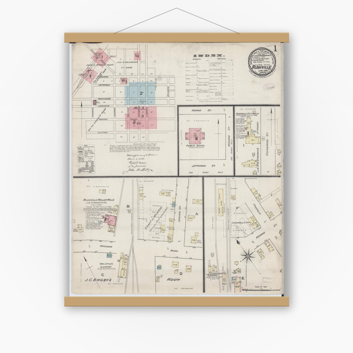 Old map wall art mockup — magnetic wood frame on white wall — Sanborn Fire Insurance Map from Rushville, Schuyler County, Illinois (1886), Sheet #0001