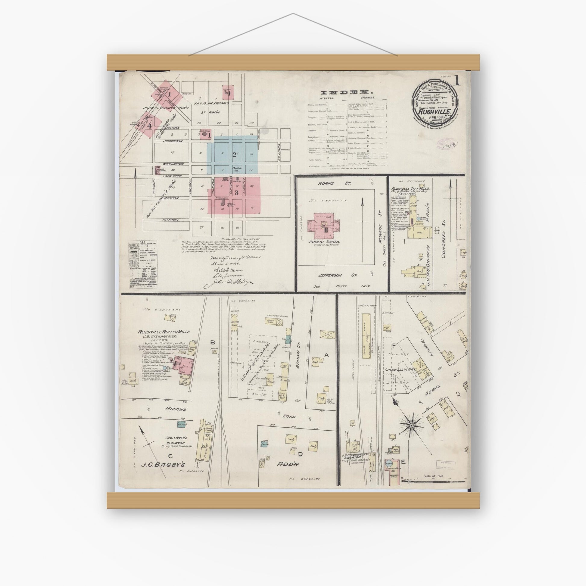 Old map wall art mockup — magnetic wood frame on white wall — Sanborn Fire Insurance Map from Rushville, Schuyler County, Illinois (1886), Sheet #0001