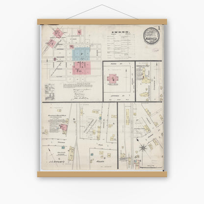 Old map wall art mockup — magnetic wood frame on white wall — Sanborn Fire Insurance Map from Rushville, Schuyler County, Illinois (1886), Sheet #0001