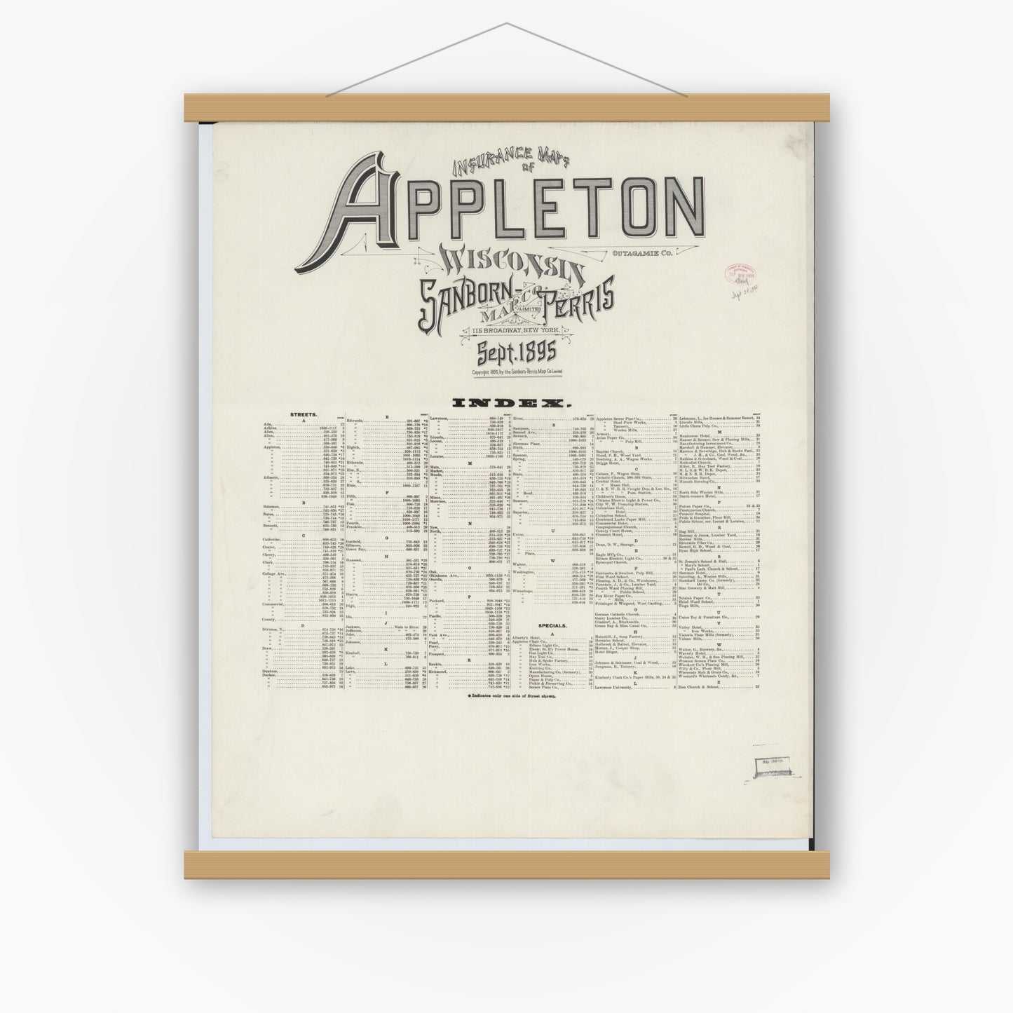 Old map wall art mockup — magnetic wood frame on white wall — Sanborn Fire Insurance Map from Appleton, Outagamie County, Wisconsin (1895), Sheet #0001