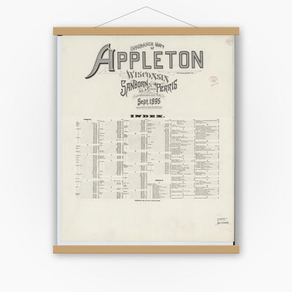 Old map wall art mockup — magnetic wood frame on white wall — Sanborn Fire Insurance Map from Appleton, Outagamie County, Wisconsin (1895), Sheet #0001