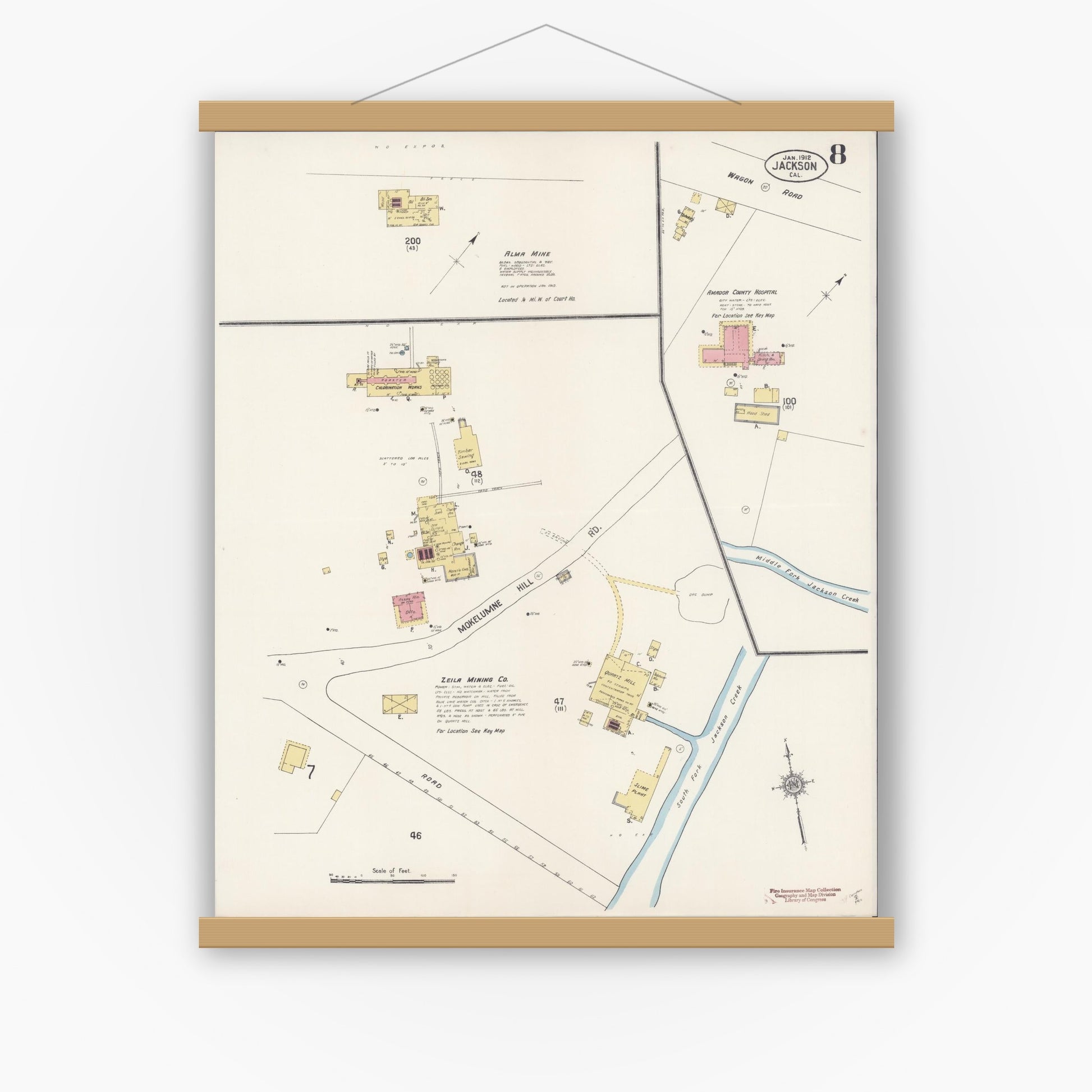Old map wall art mockup — magnetic wood frame on white wall — Sanborn Fire Insurance Map from Jackson, Amador County, California (1912), Sheet #0008