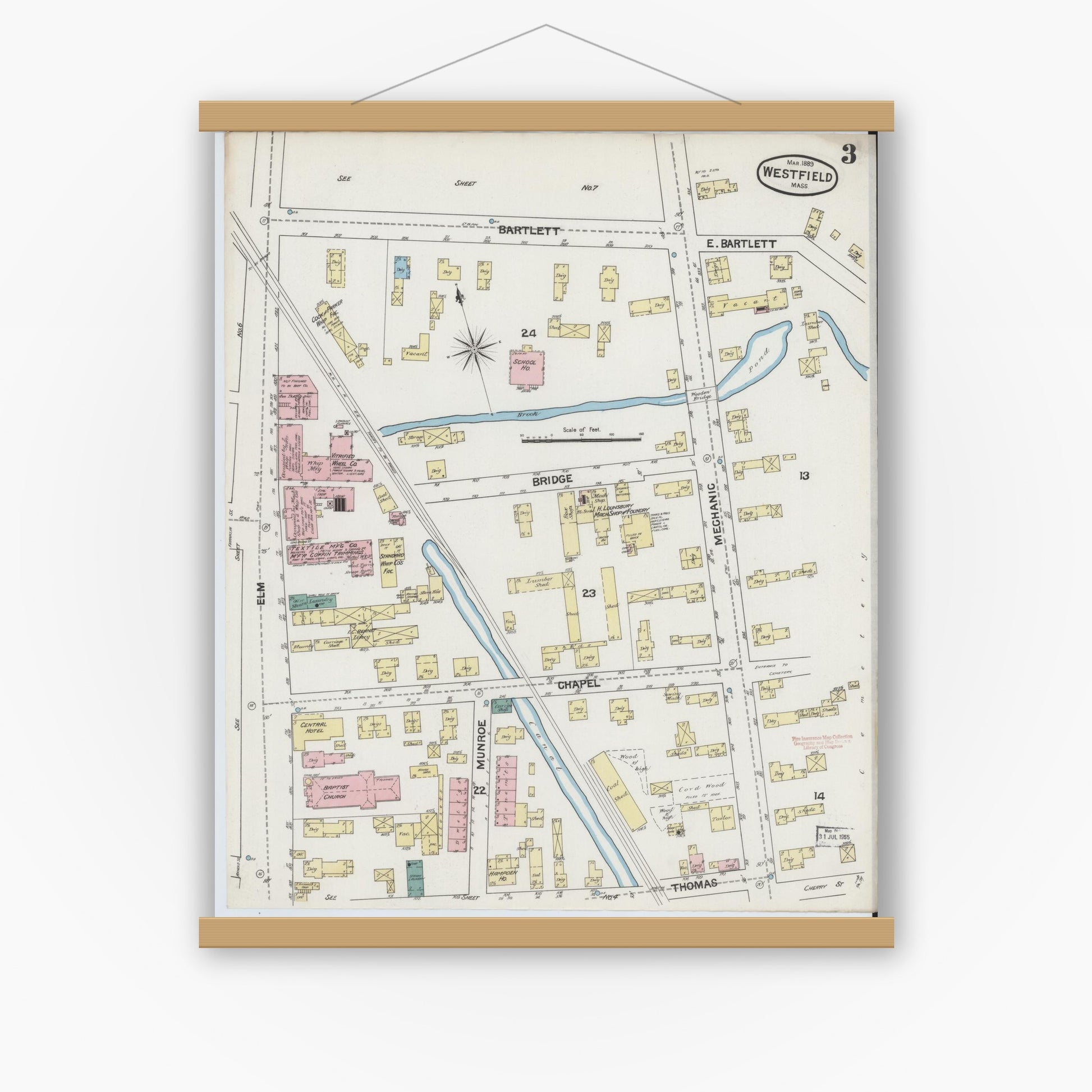 Old map wall art mockup — magnetic wood frame on white wall — Sanborn Fire Insurance Map from Westfield, Hampden County, Massachusetts (1889), Sheet #0003