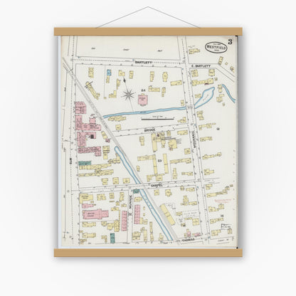 Old map wall art mockup — magnetic wood frame on white wall — Sanborn Fire Insurance Map from Westfield, Hampden County, Massachusetts (1889), Sheet #0003