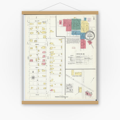 Old map wall art mockup — magnetic wood frame on white wall — Sanborn Fire Insurance Map from Arcanum, Darke County, Ohio (1907) - Complete Map Set