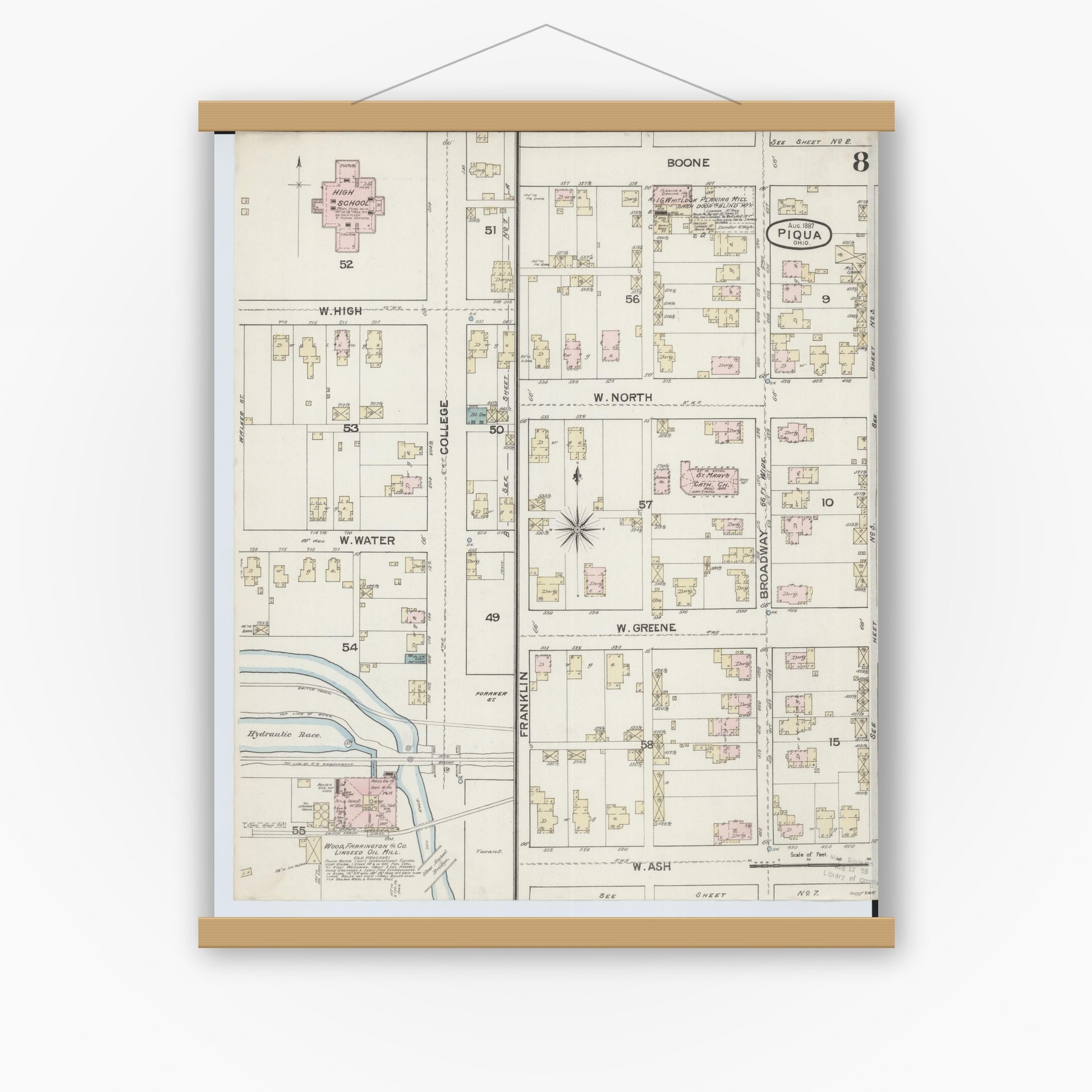 Old map wall art mockup — magnetic wood frame on white wall — Sanborn Fire Insurance Map from Piqua, Miami County, Ohio (1887), Sheet #0008