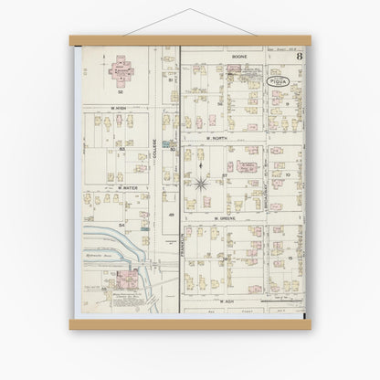 Old map wall art mockup — magnetic wood frame on white wall — Sanborn Fire Insurance Map from Piqua, Miami County, Ohio (1887), Sheet #0008