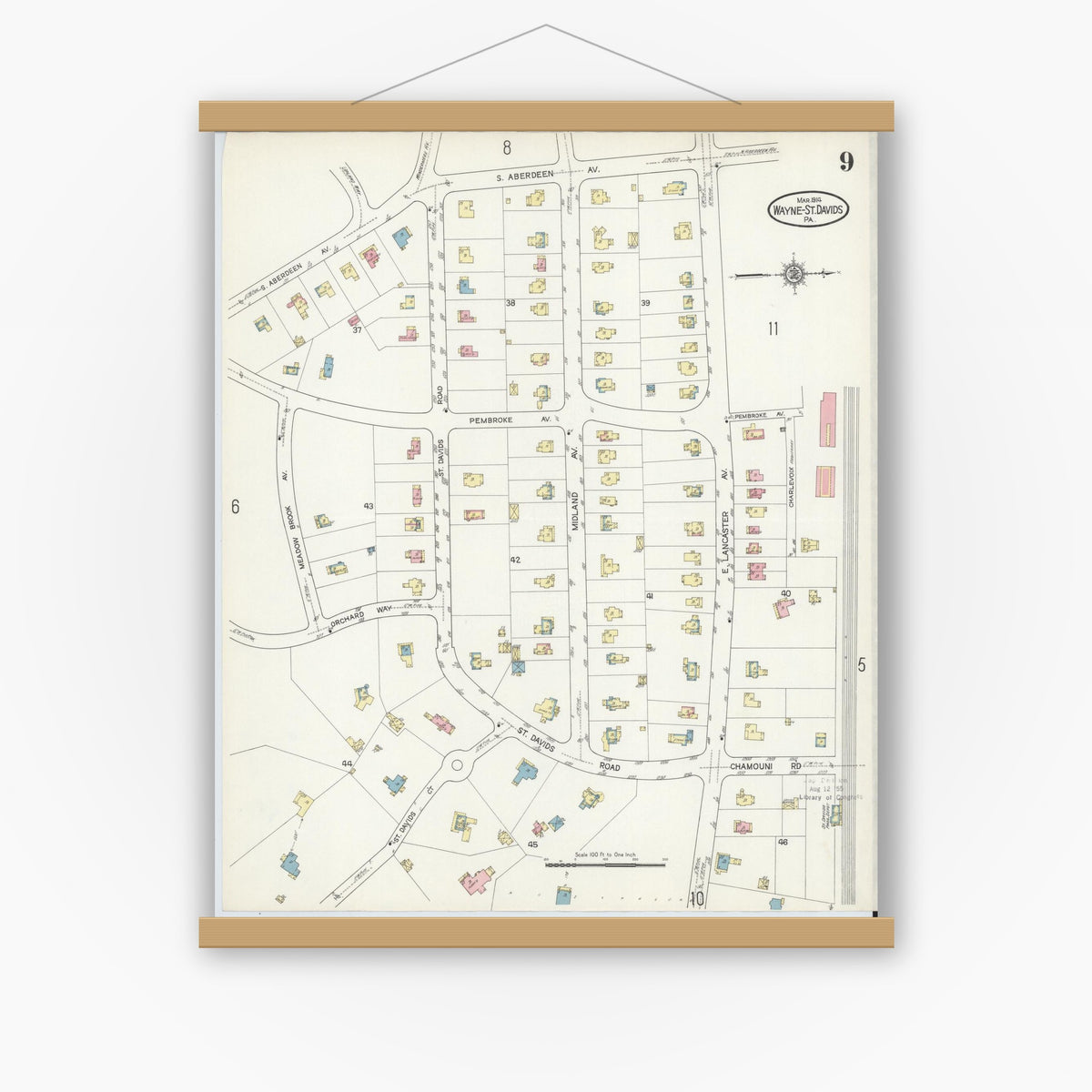 Old map wall art mockup — magnetic wood frame on white wall — Sanborn Fire Insurance Map from Wayne, Delaware County, Pennsylvania (1914), Sheet #0009