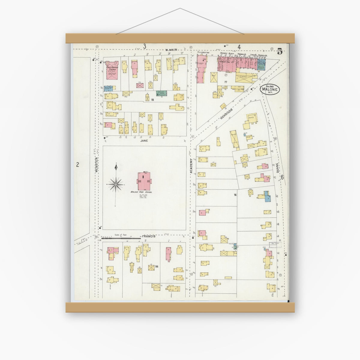 Old map wall art mockup — magnetic wood frame on white wall — Sanborn Fire Insurance Map from Malone, Franklin County, New York (1903), Sheet #0005