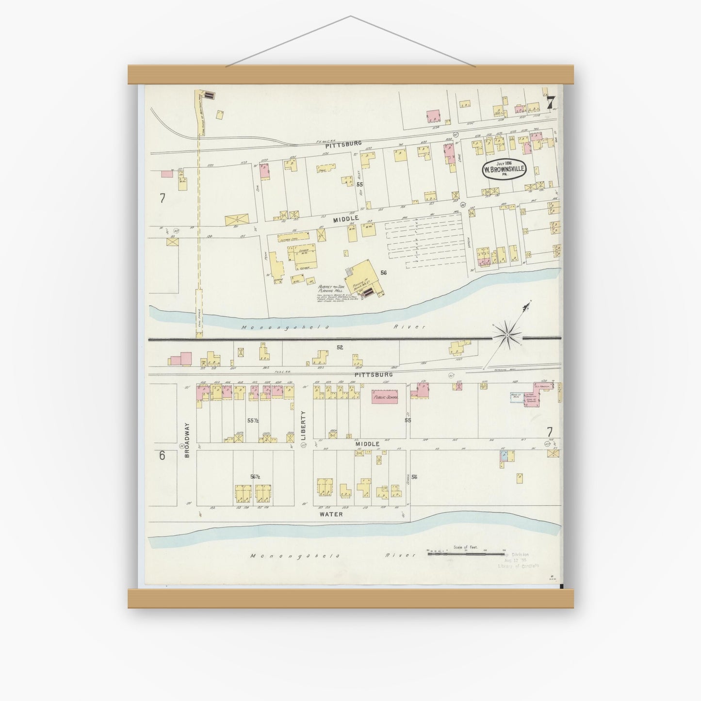 Old map wall art mockup — magnetic wood frame on white wall — Sanborn Fire Insurance Map from Brownsville, Fayette County, Pennsylvania (1896), Sheet #0007