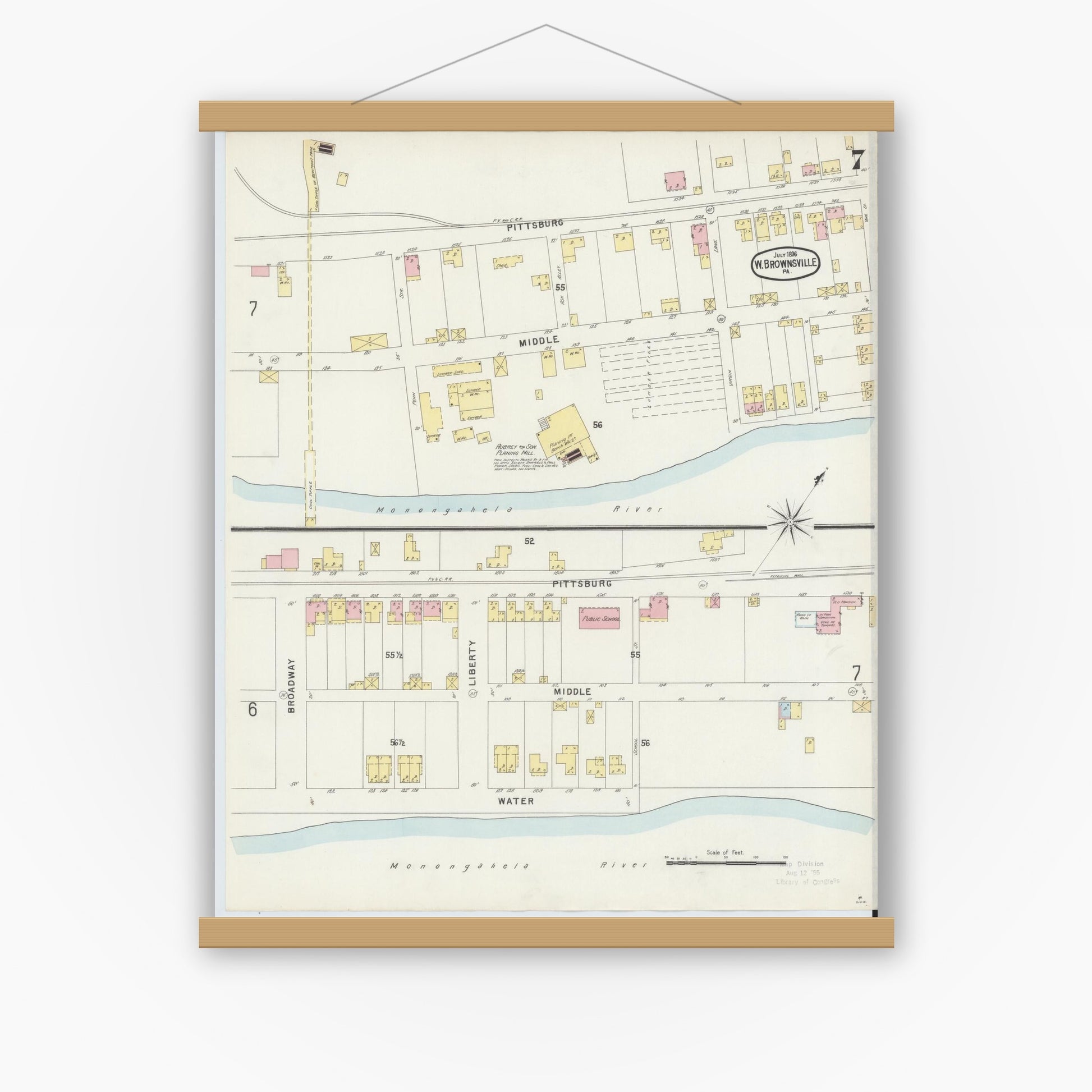 Old map wall art mockup — magnetic wood frame on white wall — Sanborn Fire Insurance Map from Brownsville, Fayette County, Pennsylvania (1896), Sheet #0007