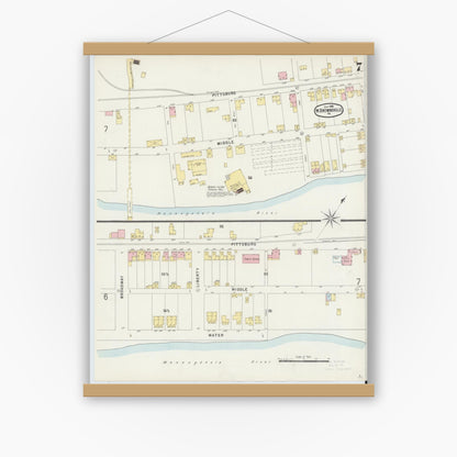 Old map wall art mockup — magnetic wood frame on white wall — Sanborn Fire Insurance Map from Brownsville, Fayette County, Pennsylvania (1896), Sheet #0007