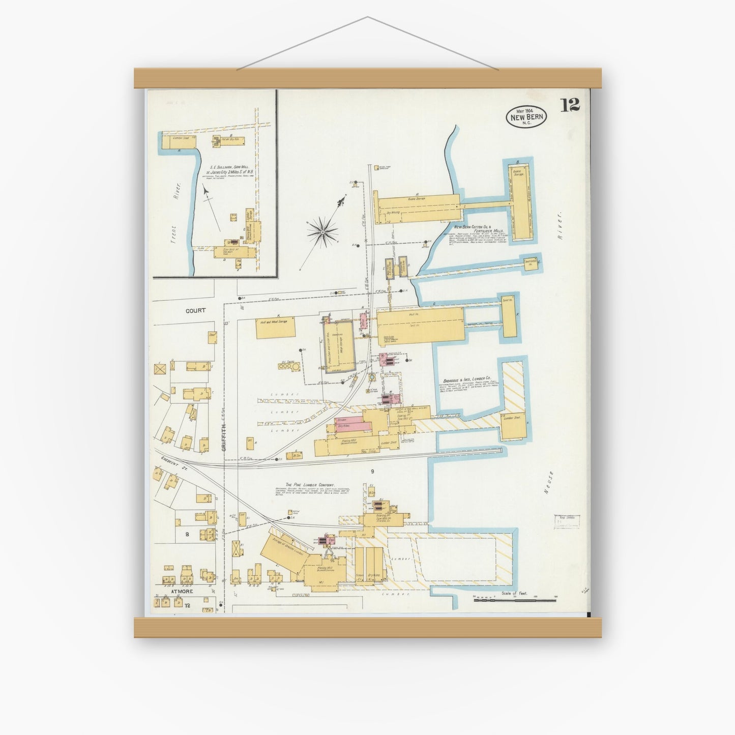 Old map wall art mockup — magnetic wood frame on white wall — Sanborn Fire Insurance Map from New Bern, Craven County, North Carolina (1904), Sheet #0012