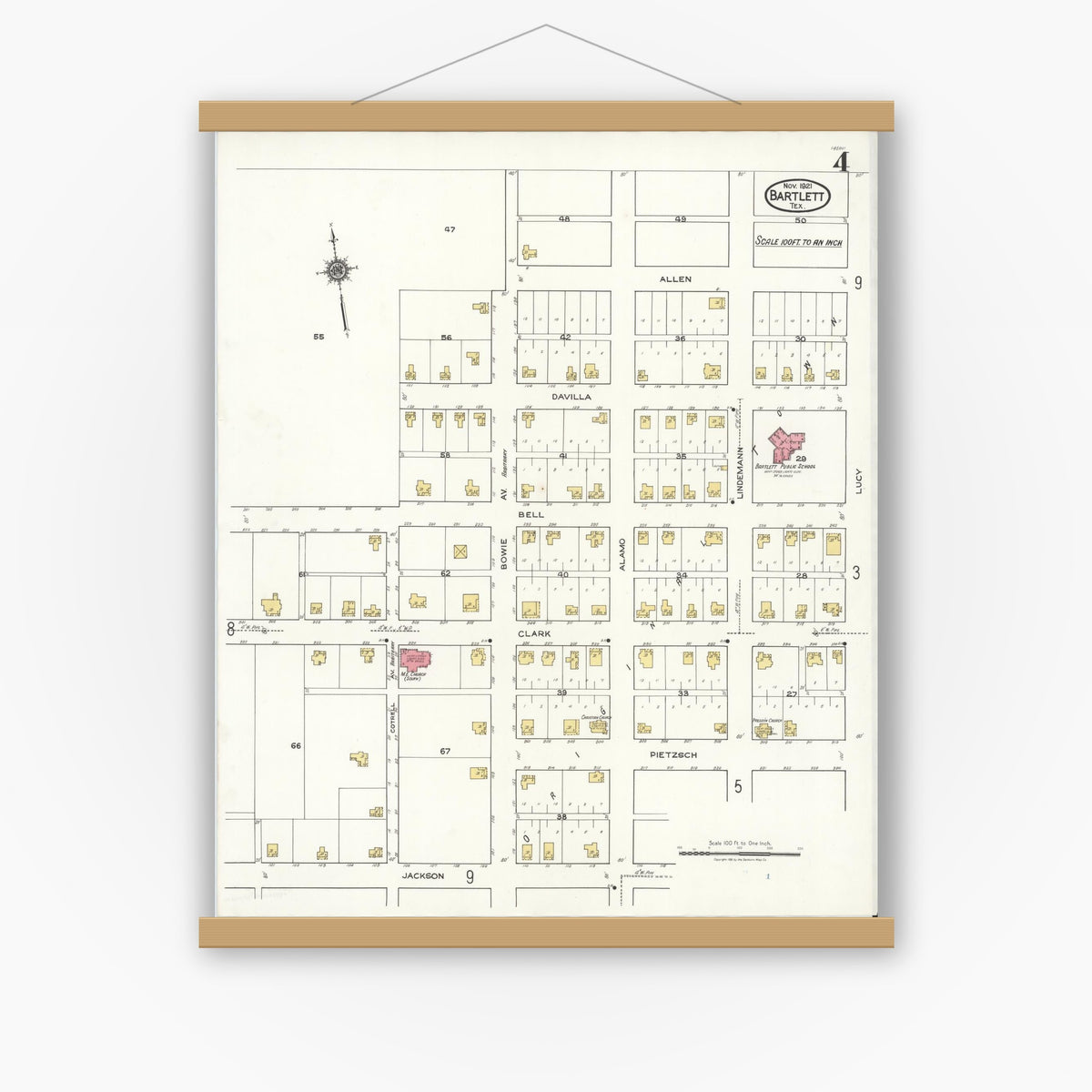 Old map wall art mockup — magnetic wood frame on white wall — Sanborn Fire Insurance Map from Bartlett, Bell and Williamson Counties, Texas (1921), Sheet #0004