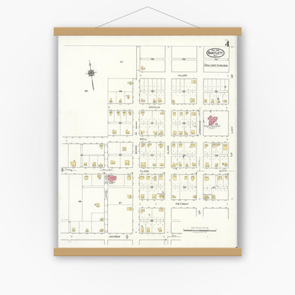 Old map wall art mockup — magnetic wood frame on white wall — Sanborn Fire Insurance Map from Bartlett, Bell and Williamson Counties, Texas (1921), Sheet #0004