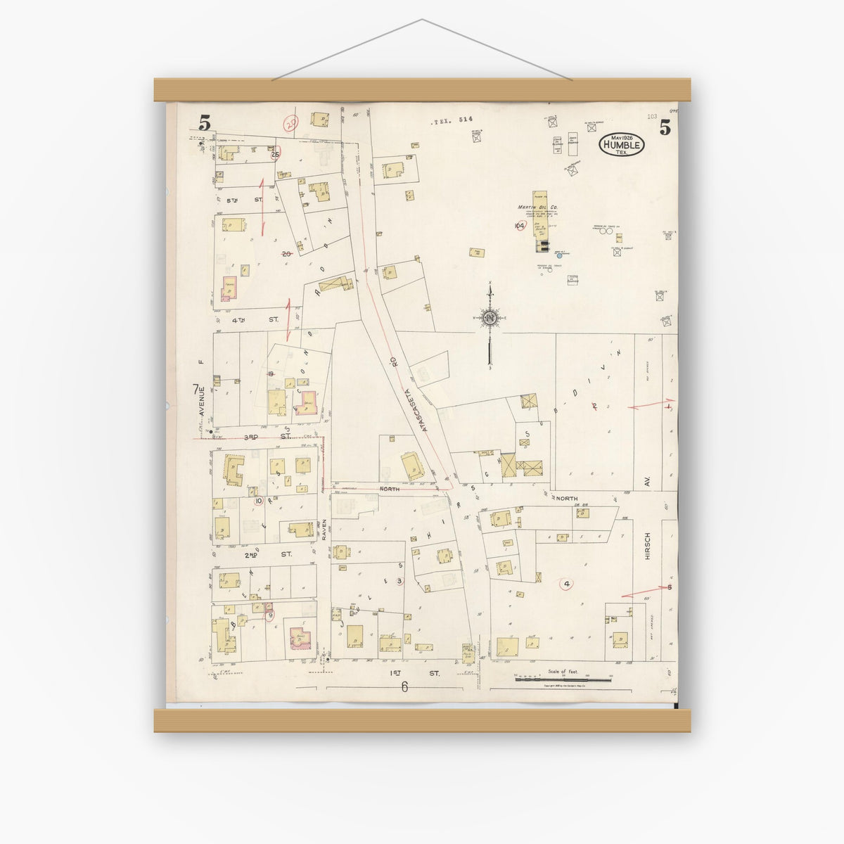 Old map wall art mockup — magnetic wood frame on white wall — Sanborn Fire Insurance Map from Humble, Harris County, Texas (1940), Sheet #0005