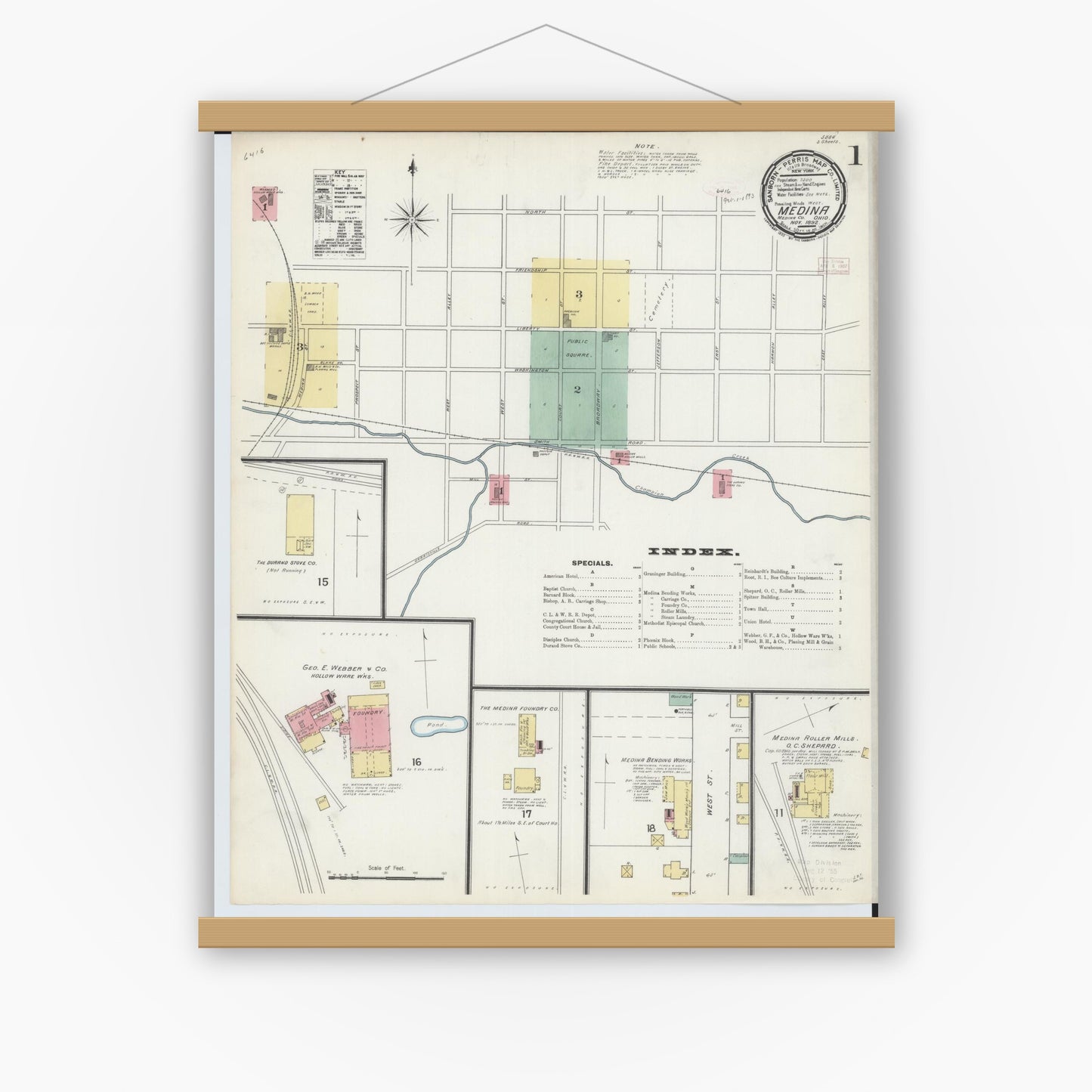 Old map wall art mockup — magnetic wood frame on white wall — Sanborn Fire Insurance Map from Medina, Medina County, Ohio (1892), Sheet #0001