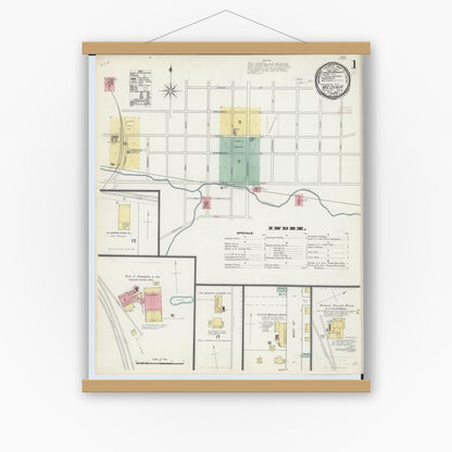 Old map wall art mockup — magnetic wood frame on white wall — Sanborn Fire Insurance Map from Medina, Medina County, Ohio (1892), Sheet #0001