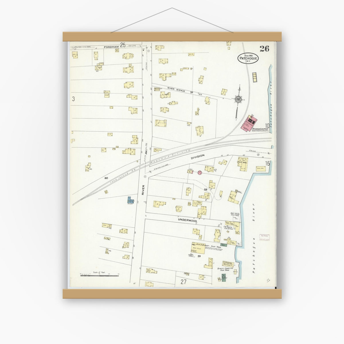 Old map wall art mockup — magnetic wood frame on white wall — Sanborn Fire Insurance Map from Patchogue, Suffolk County, New York (1910), Sheet #0026