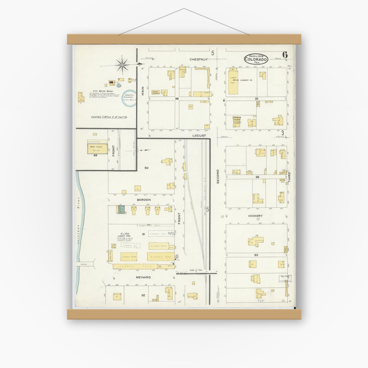 Old map wall art mockup — magnetic wood frame on white wall — Sanborn Fire Insurance Map from Colorado, Mitchell County, Texas (1908), Sheet #0006
