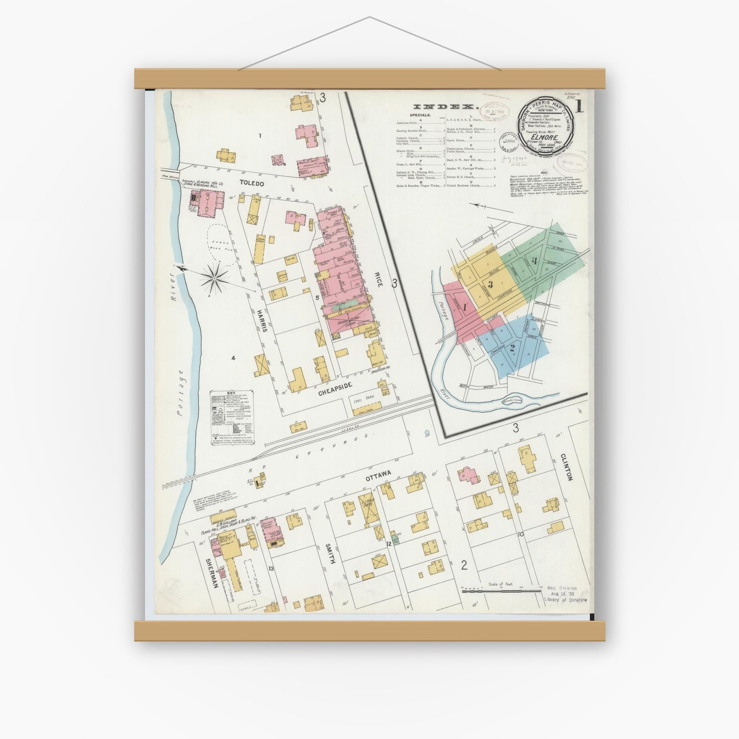 Old map wall art mockup — magnetic wood frame on white wall — Sanborn Fire Insurance Map from Elmore, Ottawa County, Ohio (1899) - Complete Map Set