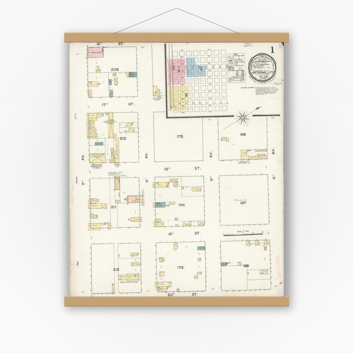 Old map wall art mockup — magnetic wood frame on white wall — Sanborn Fire Insurance Map from National City, San Diego County, California (1888) - Complete Map Set