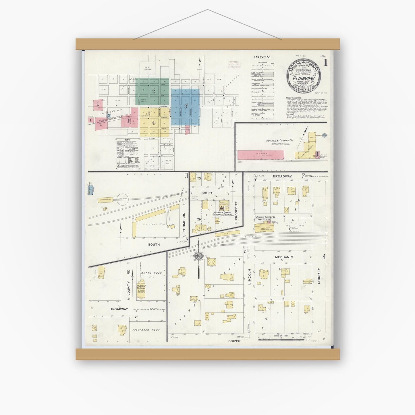 Old map wall art mockup — magnetic wood frame on white wall — Sanborn Fire Insurance Map from Plainview, Wabasha County, Minnesota (1911) - Complete Map Set