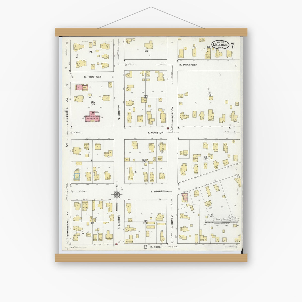 Old map wall art mockup — magnetic wood frame on white wall — Sanborn Fire Insurance Map from Marshall, Calhoun County, Michigan (1916), Sheet #0007
