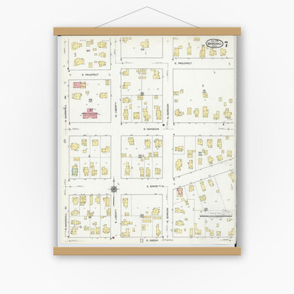 Old map wall art mockup — magnetic wood frame on white wall — Sanborn Fire Insurance Map from Marshall, Calhoun County, Michigan (1916), Sheet #0007