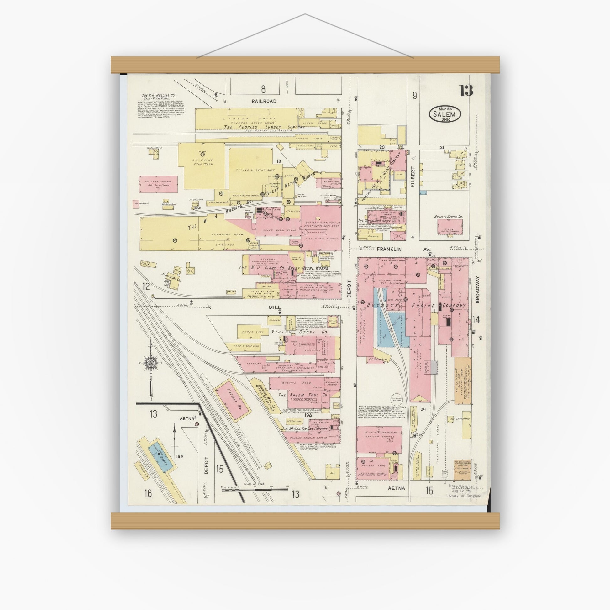 Old map wall art mockup — magnetic wood frame on white wall — Sanborn Fire Insurance Map from Salem, Columbiana County, Ohio (1915), Sheet #0013