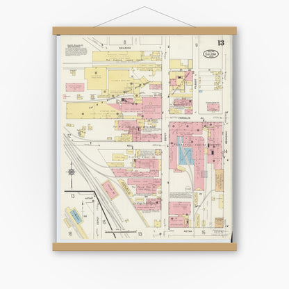 Old map wall art mockup — magnetic wood frame on white wall — Sanborn Fire Insurance Map from Salem, Columbiana County, Ohio (1915), Sheet #0013