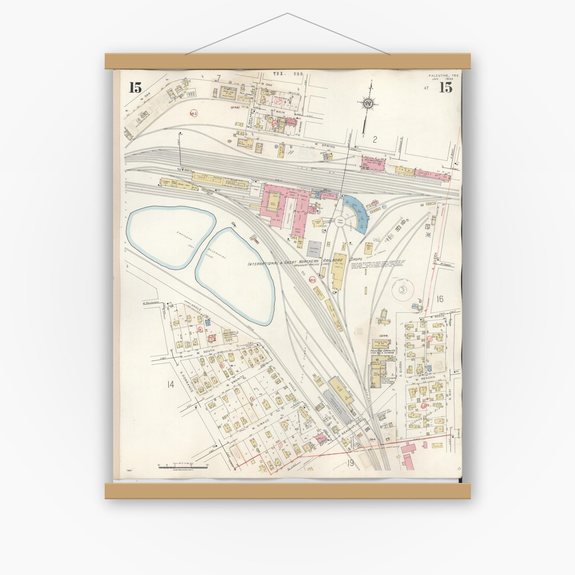 Old map wall art mockup — magnetic wood frame on white wall — Sanborn Fire Insurance Map from Palestine, Anderson County, Texas (1949), Sheet #0015