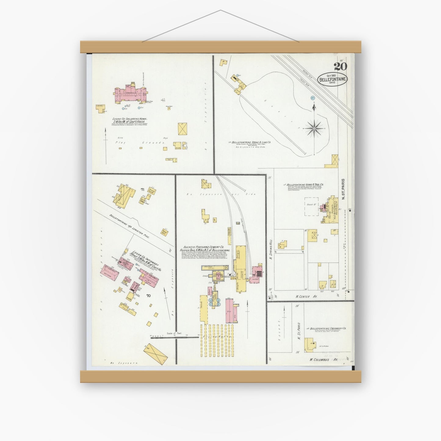 Old map wall art mockup — magnetic wood frame on white wall — Sanborn Fire Insurance Map from Bellefontaine, Logan County, Ohio (1901), Sheet #0020