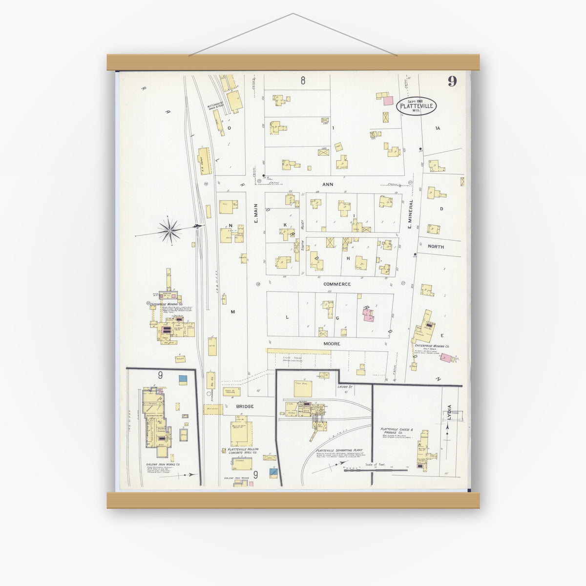 Old map wall art mockup — magnetic wood frame on white wall — Sanborn Fire Insurance Map from Platteville, Grant County, Wisconsin (1908), Sheet #0009