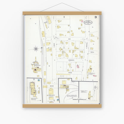 Old map wall art mockup — magnetic wood frame on white wall — Sanborn Fire Insurance Map from Platteville, Grant County, Wisconsin (1908), Sheet #0009