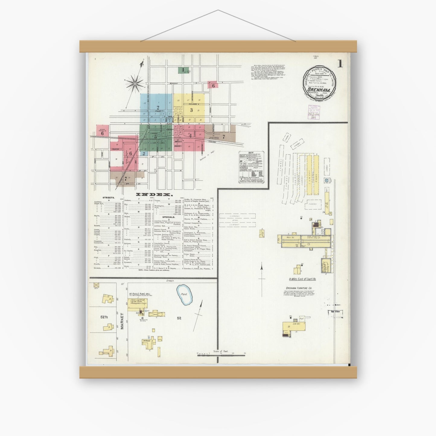 Old map wall art mockup — magnetic wood frame on white wall — Sanborn Fire Insurance Map from Brenham, Washington County, Texas (1901), Sheet #0001