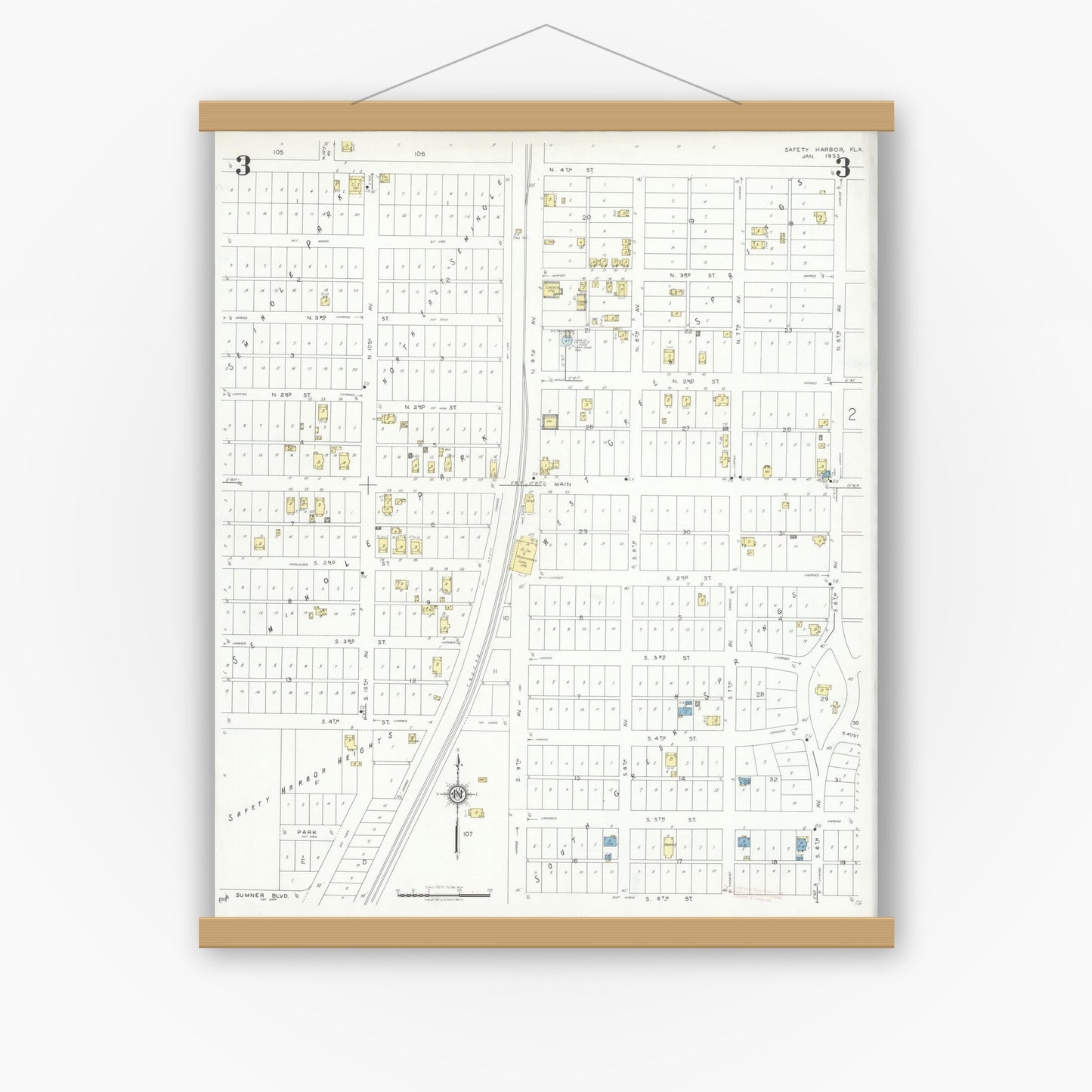 Old map wall art mockup — magnetic wood frame on white wall — Sanborn Fire Insurance Map from Safety Harbor, Pinellas County, Florida (1933), Sheet #0003