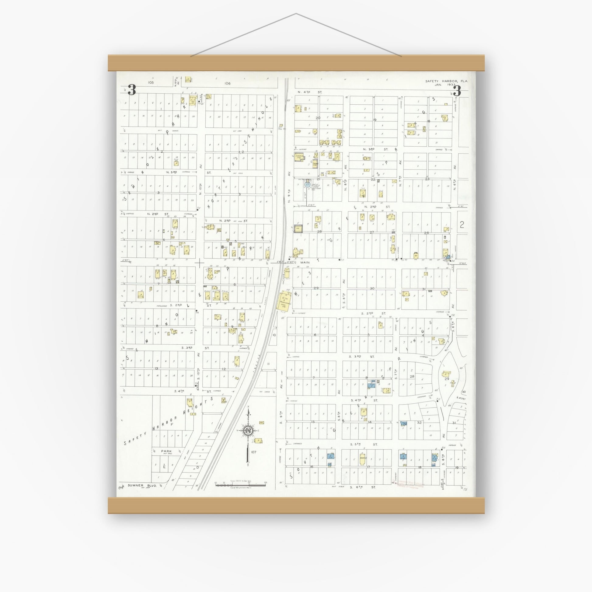 Old map wall art mockup — magnetic wood frame on white wall — Sanborn Fire Insurance Map from Safety Harbor, Pinellas County, Florida (1933), Sheet #0003
