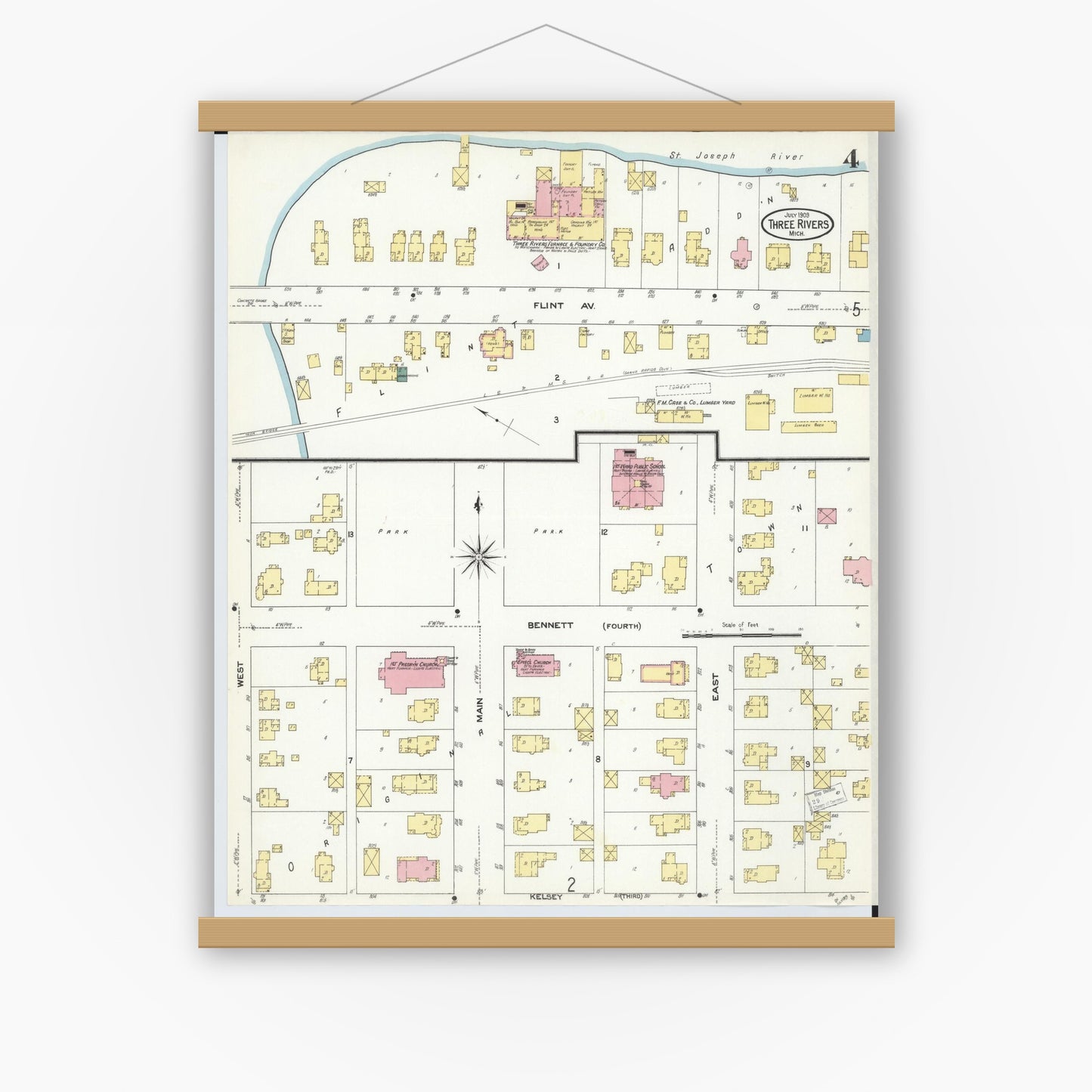 Old map wall art mockup — magnetic wood frame on white wall — Sanborn Fire Insurance Map from Three Rivers, Saint Joseph County, Michigan (1909), Sheet #0004