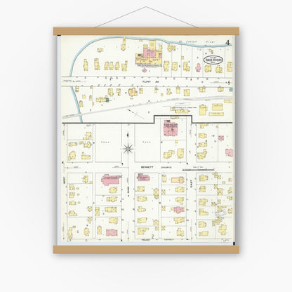 Old map wall art mockup — magnetic wood frame on white wall — Sanborn Fire Insurance Map from Three Rivers, Saint Joseph County, Michigan (1909), Sheet #0004