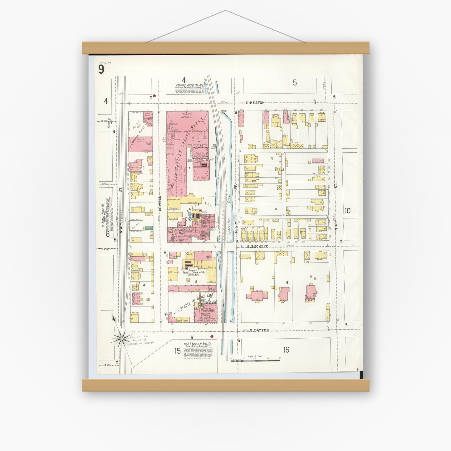Old map wall art mockup — magnetic wood frame on white wall — Sanborn Fire Insurance Map from Hamilton, Butler County, Ohio (1899), Sheet #0009