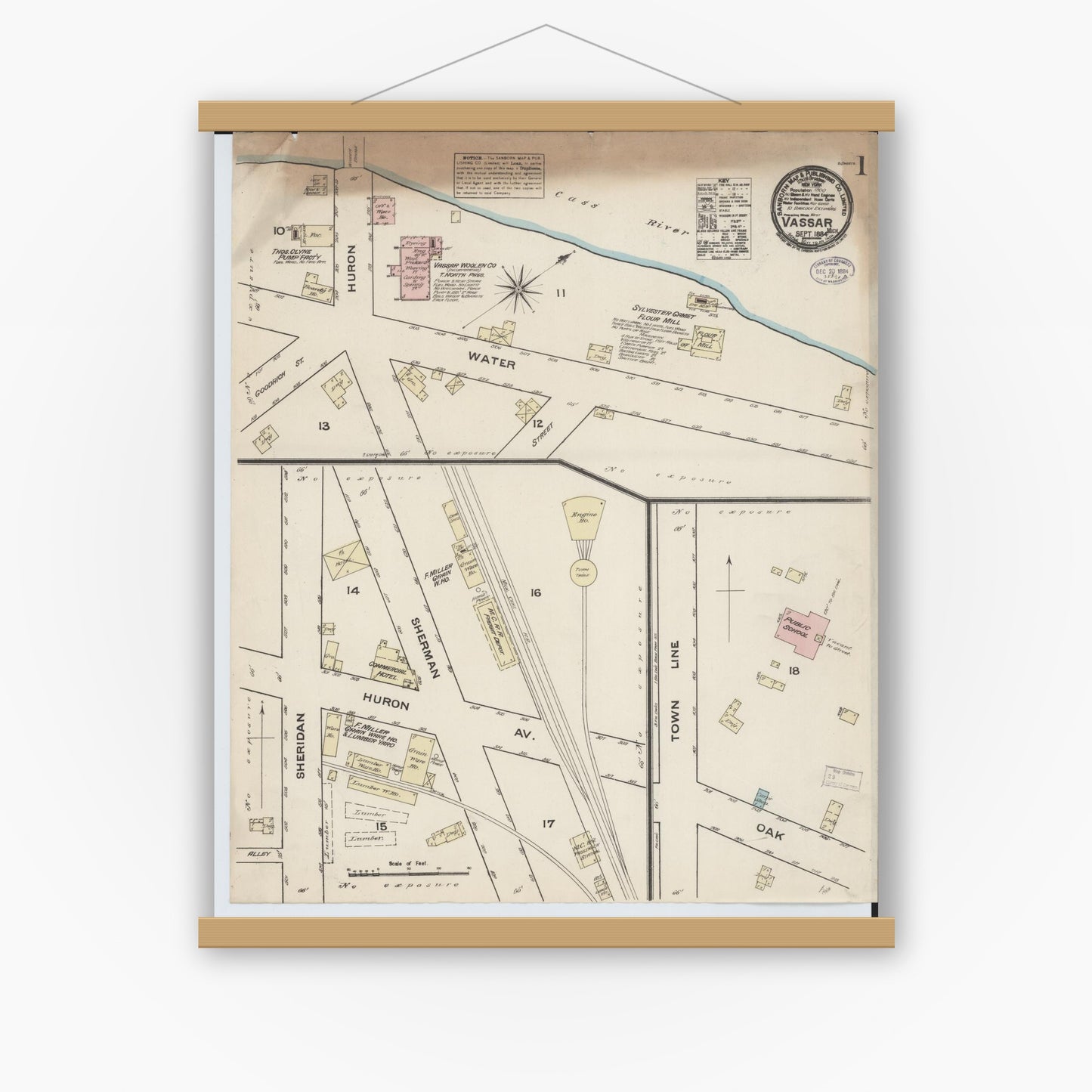 Old map wall art mockup — magnetic wood frame on white wall — Sanborn Fire Insurance Map from Vassar, Tuscola County, Michigan (1884), Sheet #0001