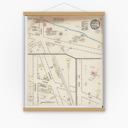 Old map wall art mockup — magnetic wood frame on white wall — Sanborn Fire Insurance Map from Vassar, Tuscola County, Michigan (1884), Sheet #0001