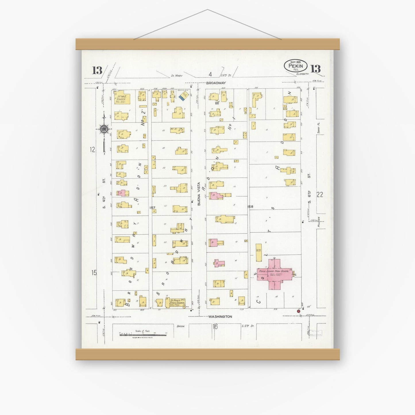 Old map wall art mockup — magnetic wood frame on white wall — Sanborn Fire Insurance Map from Pekin, Tazewell County, Illinois (1925), Sheet #0013