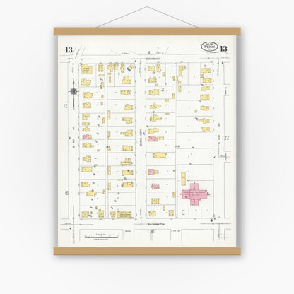 Old map wall art mockup — magnetic wood frame on white wall — Sanborn Fire Insurance Map from Pekin, Tazewell County, Illinois (1925), Sheet #0013