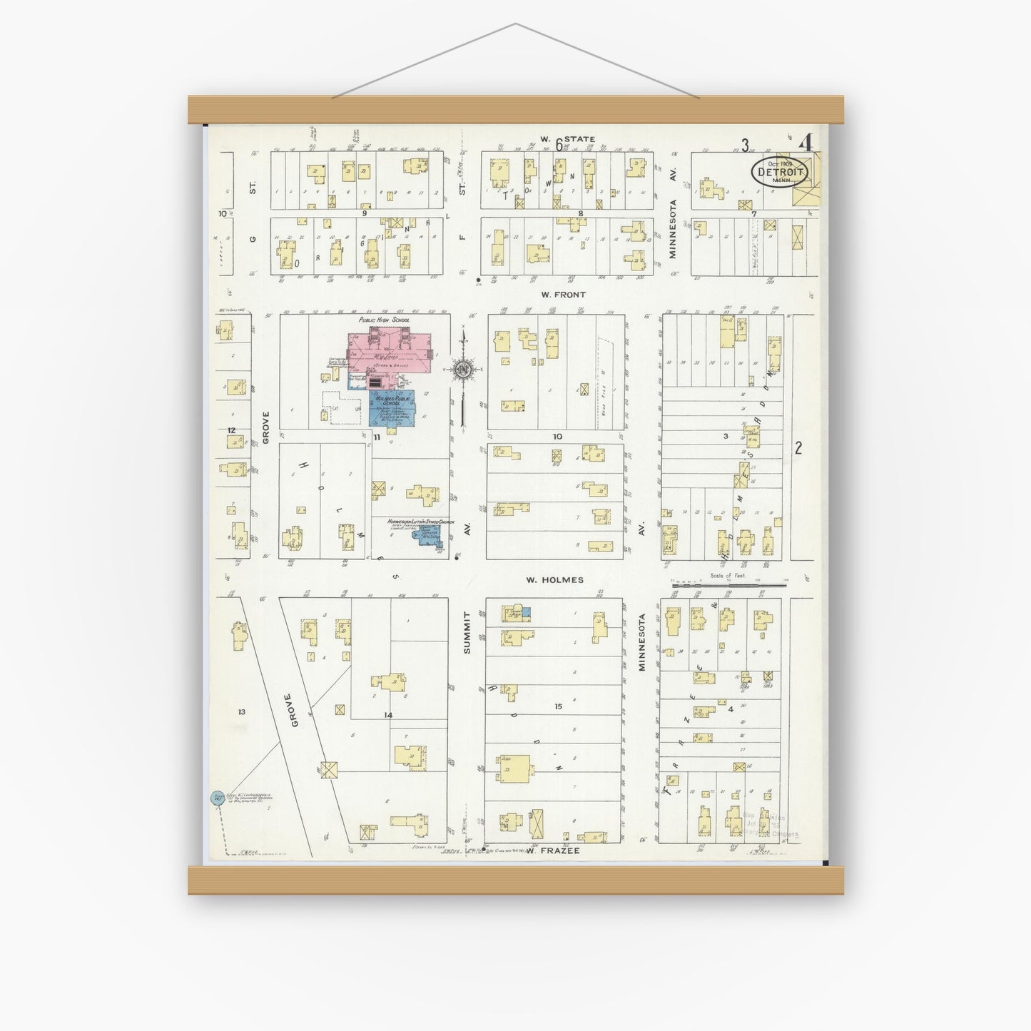 Old map wall art mockup — magnetic wood frame on white wall — Sanborn Fire Insurance Map from Detroit Lakes, Becker County, Minnesota (1909), Sheet #0004