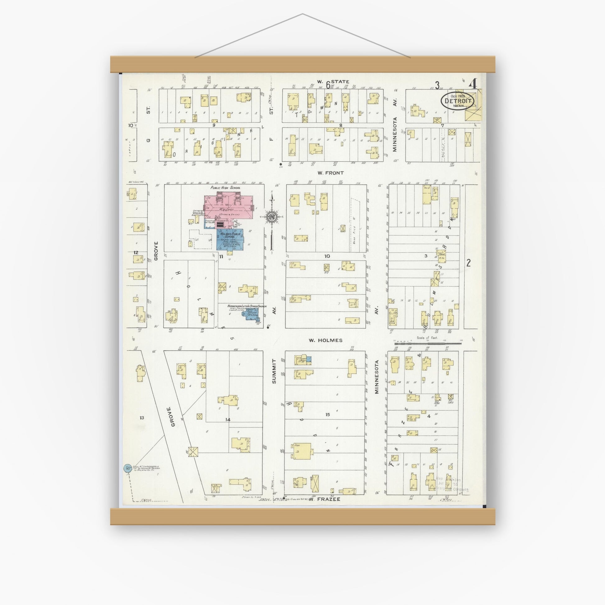 Old map wall art mockup — magnetic wood frame on white wall — Sanborn Fire Insurance Map from Detroit Lakes, Becker County, Minnesota (1909), Sheet #0004
